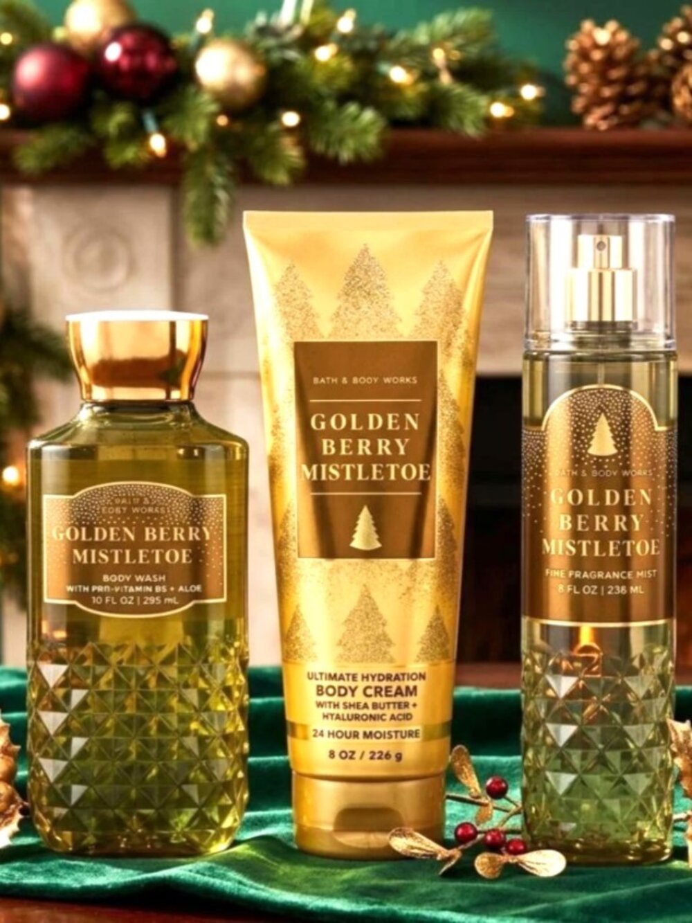 Bath & Body Works Golden Berry Mistletoe Body Wash Fragrance Mist & Body Cream 3